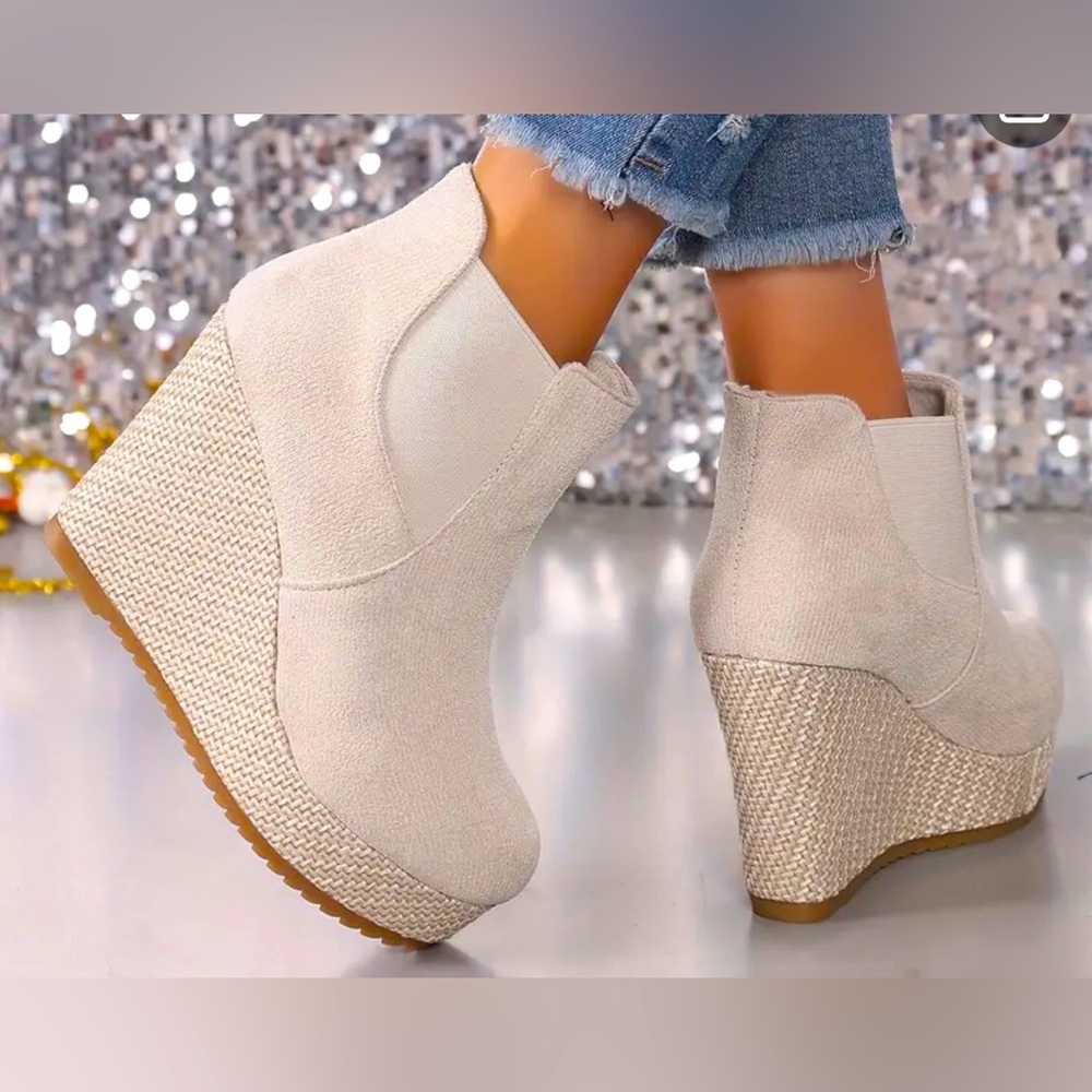 NIB Beige suede feel platform wedge ankle bootie. Super soft and comfortable!